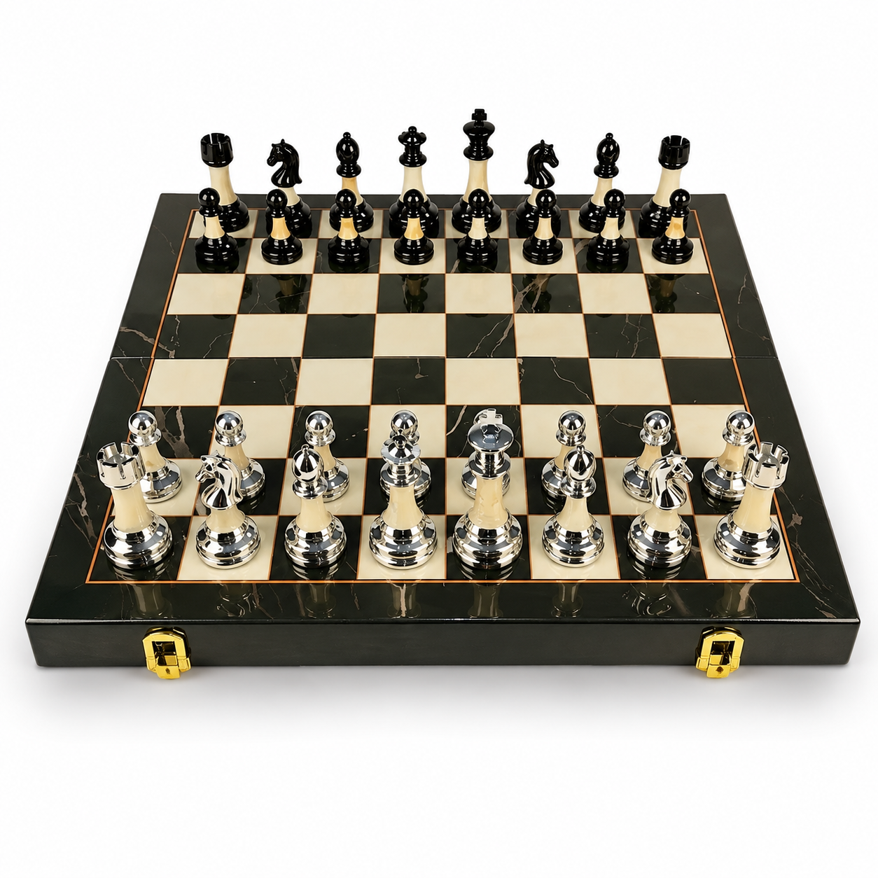 Folding Ebony Wood Chess Set with Metal Pieces