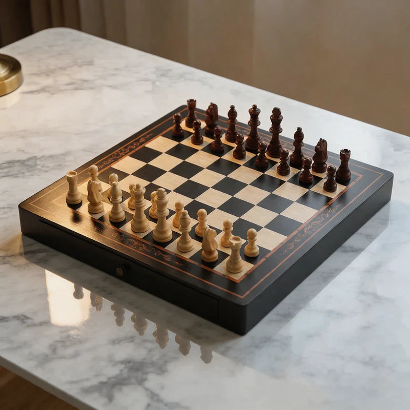 Walnut & Maple Wood Chess Set with Storage Drawers