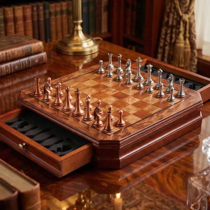 Mahogany Wood Chess Set with Storage Drawers & Antique-Finish Metal Pieces