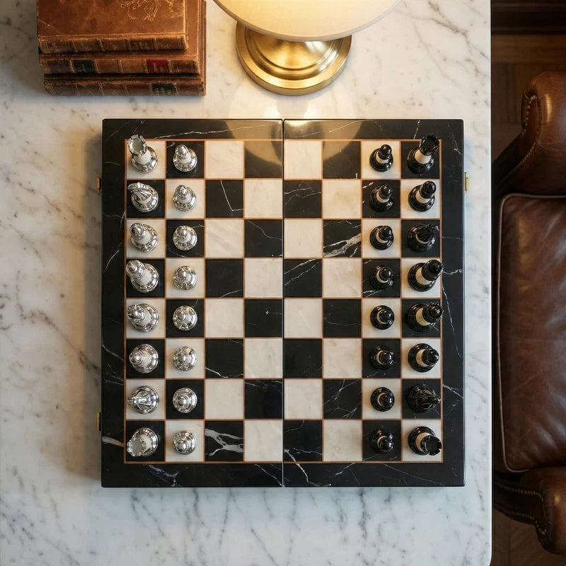 Folding Ebony Wood Chess Set with Metal Pieces