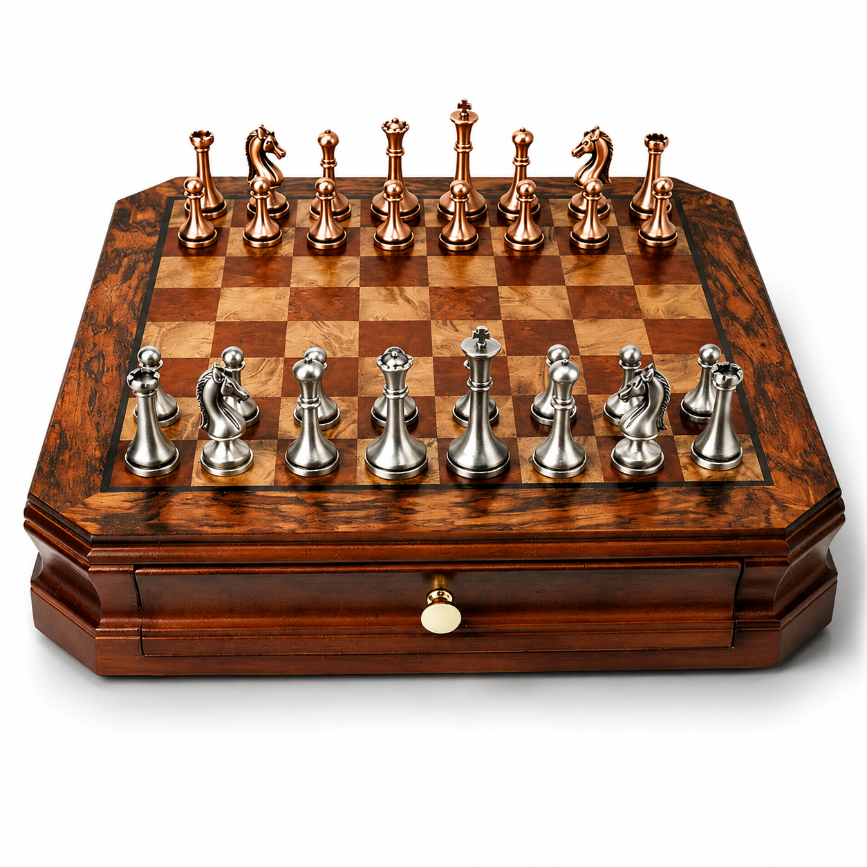 Mahogany Wood Chess Set with Storage Drawers & Antique-Finish Metal Pieces