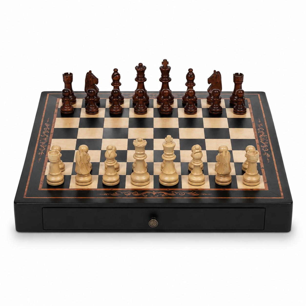 Walnut & Maple Wood Chess Set with Storage Drawers