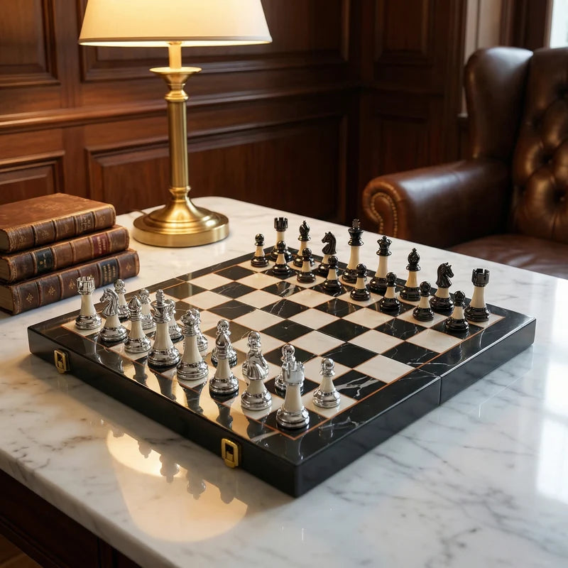Folding Ebony Wood Chess Set with Metal Pieces
