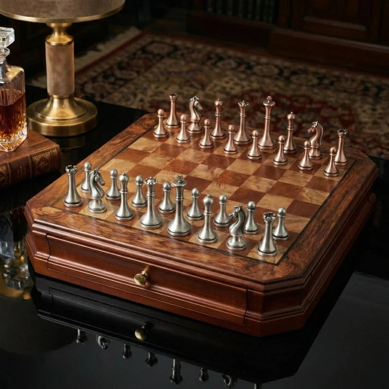 Mahogany Wood Chess Set with Storage Drawers & Antique-Finish Metal Pieces