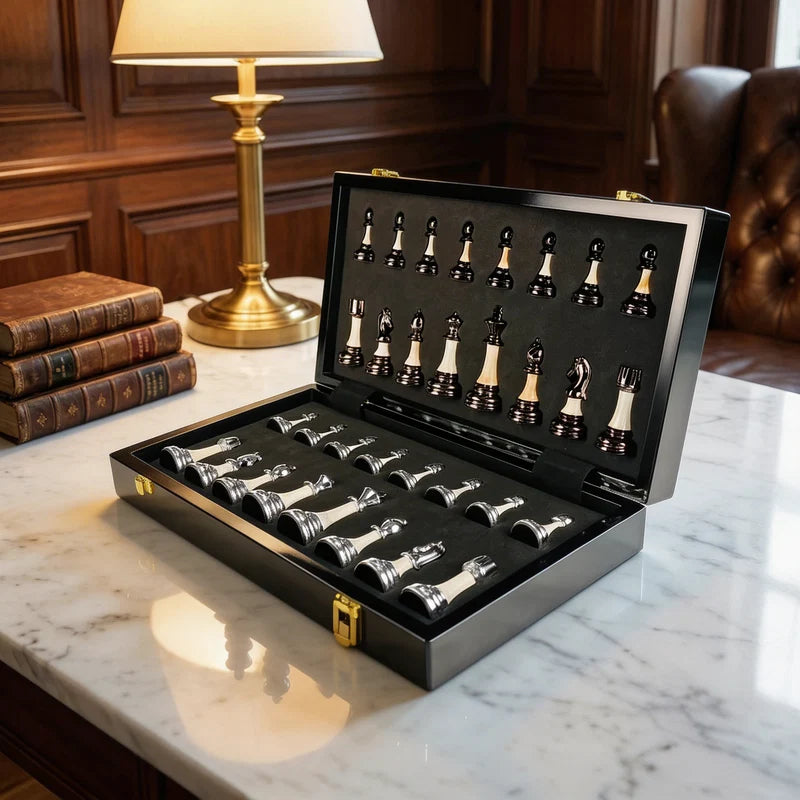 Folding Ebony Wood Chess Set with Metal Pieces
