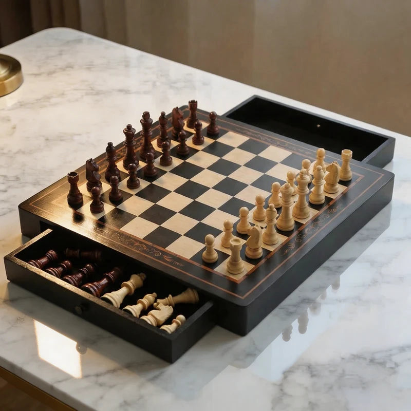 Walnut & Maple Wood Chess Set with Storage Drawers