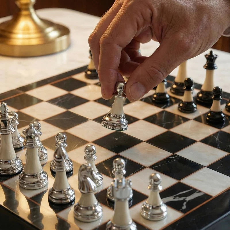 Folding Ebony Wood Chess Set with Metal Pieces