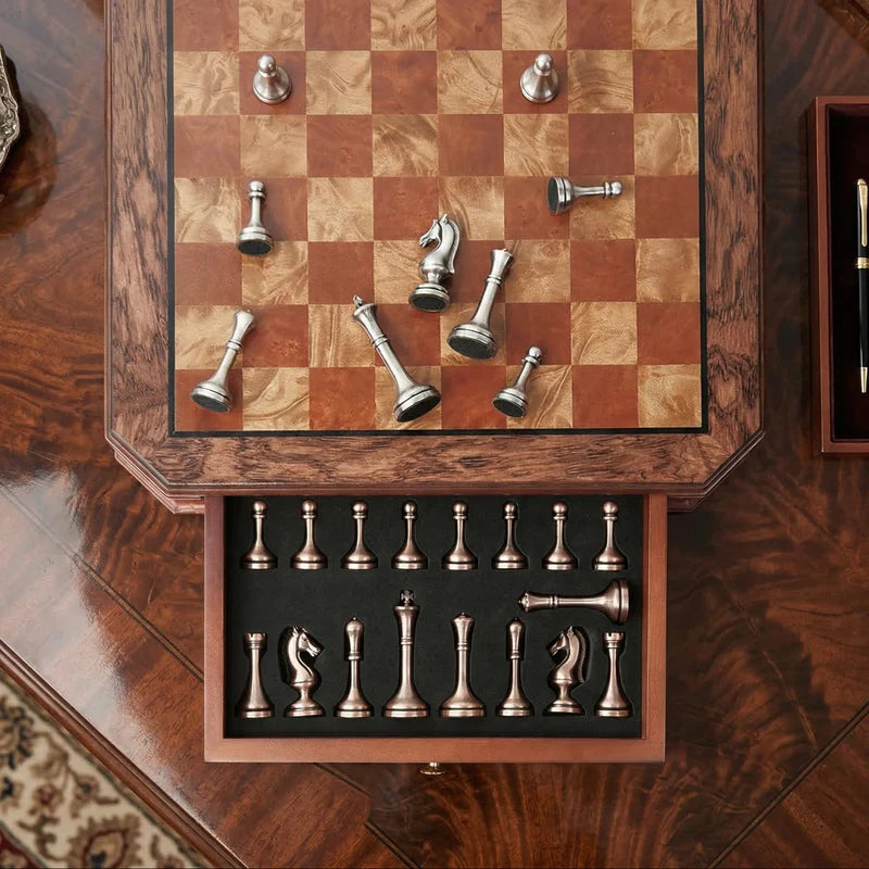 Mahogany Wood Chess Set with Storage Drawers & Antique-Finish Metal Pieces