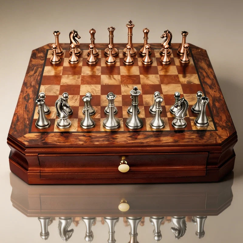 Mahogany Wood Chess Set with Storage Drawers & Antique-Finish Metal Pieces