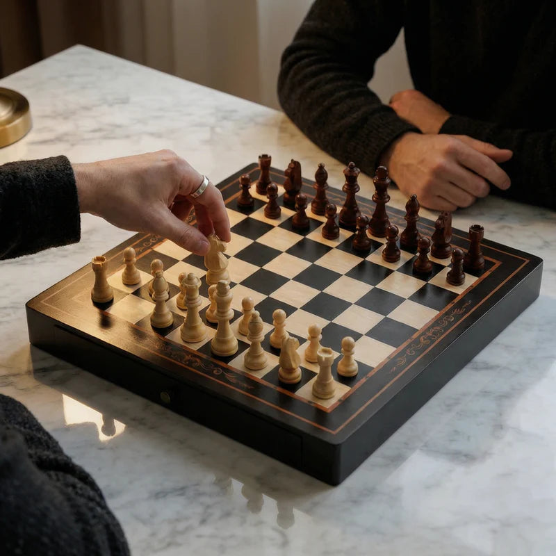Walnut & Maple Wood Chess Set with Storage Drawers