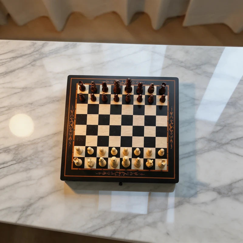 Walnut & Maple Wood Chess Set with Storage Drawers