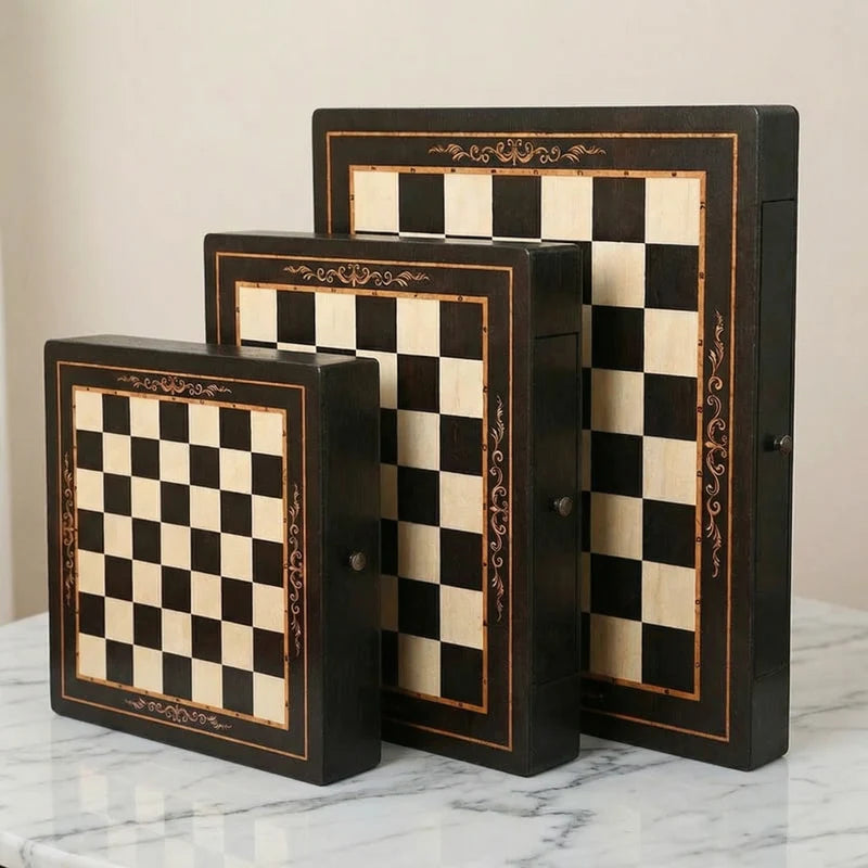 Walnut & Maple Wood Chess Set with Storage Drawers